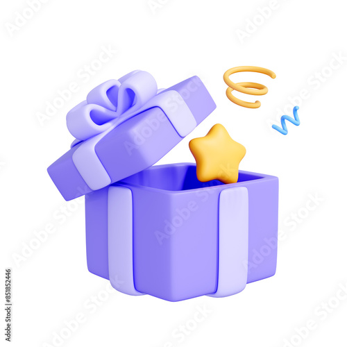 Purple gift box with a white bow and a yellow star inside isolated on white background. Creative cartoon design icon. 3D render illustration