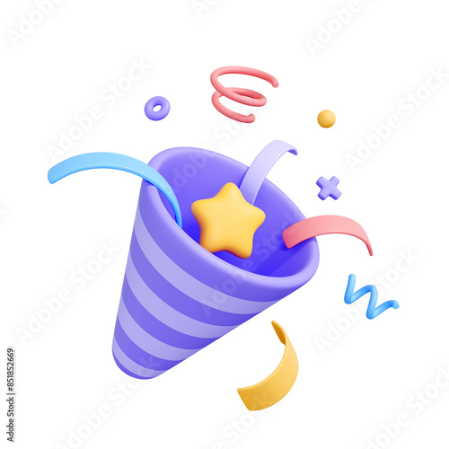 Purple and white striped party popper, exploding with confetti in the shape of stars, spirals, and circles isolated on white background. Creative cartoon design icon. 3D render illustration