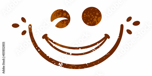 A grunge smiley face is depicted with coffee stains forming smudged eyes and a wide crescent mouth, conveying a messy yet cheerful concept. Splashes and drops add to the effect.AI generated.
