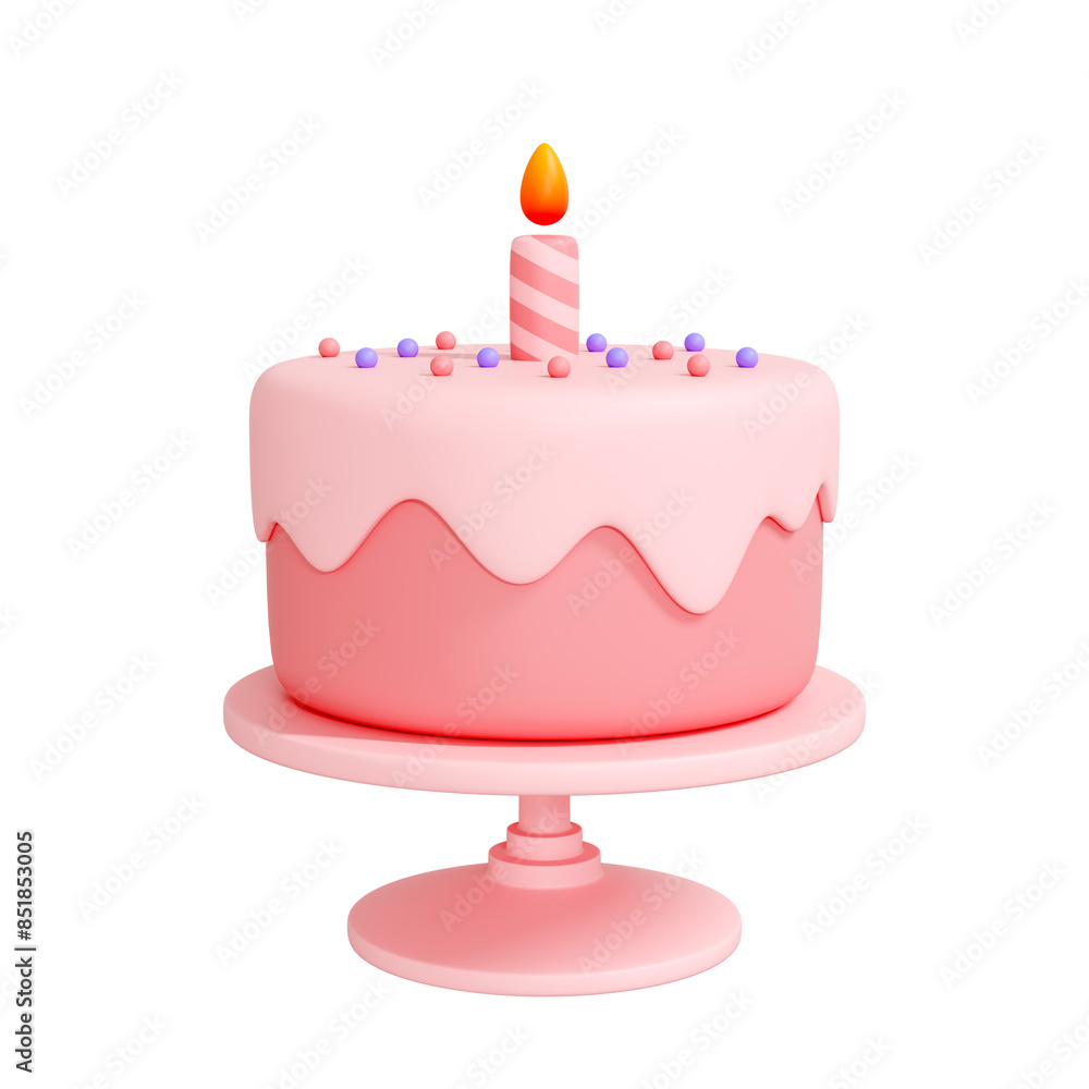 Pink birthday cake with a single candle on top, set on a pink cake stand isolated on white background. Creative cartoon design icon. 3D render illustration