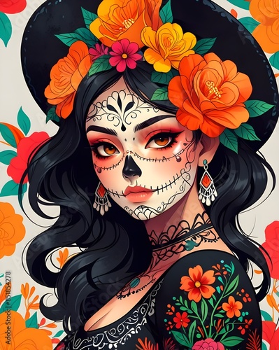 A Mexican woman with a Day of the Dead look. flower and skull. Generative AI © Carlos