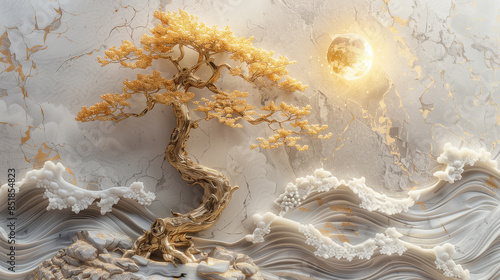 Volumetric stucco molding on a concrete wall with golden elements, Japanese landscape, waterfall, mountains.