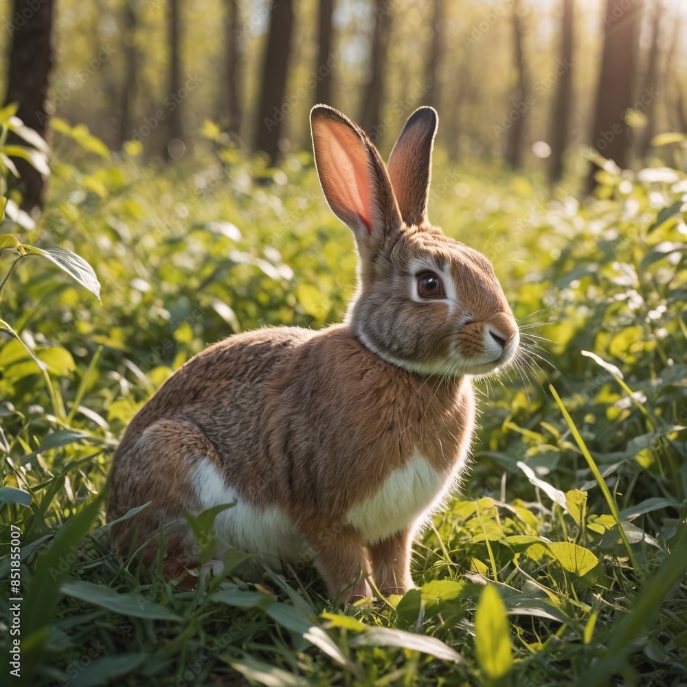 Fototapeta premium Curious Rabbit in Grass with Spring Leaves Cinematic Film Still