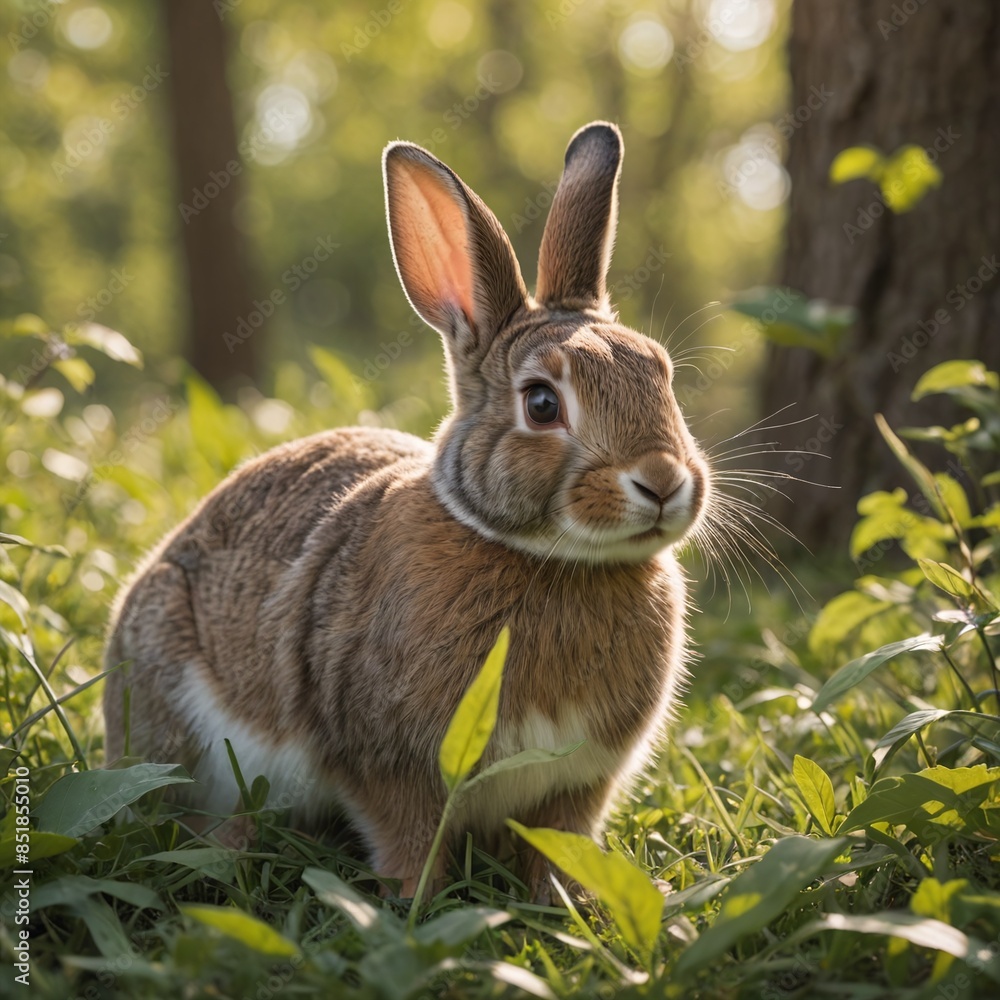 Fototapeta premium Curious Rabbit in Grass with Spring Leaves Cinematic Film Still