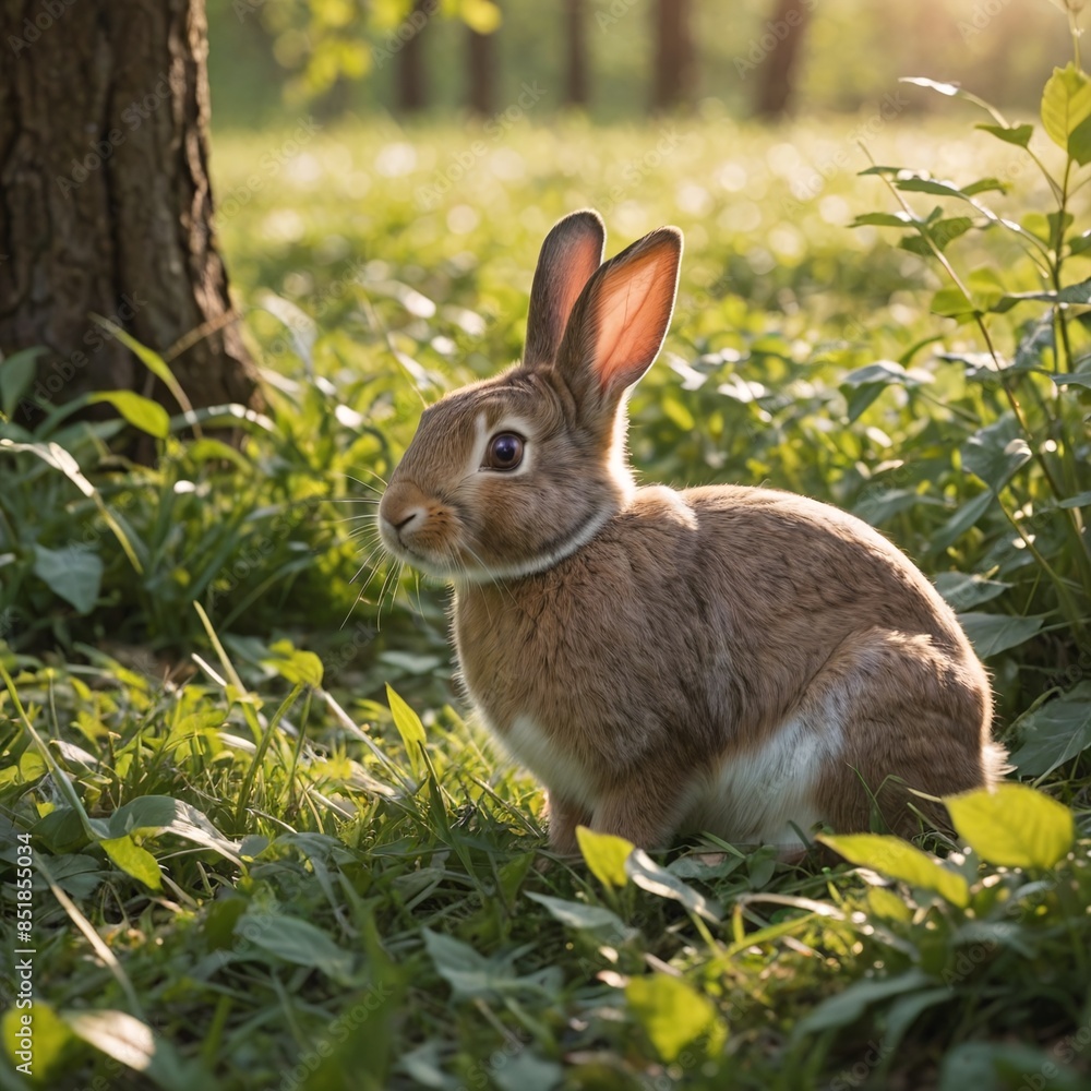 Fototapeta premium Curious Rabbit in Grass with Spring Leaves Cinematic Film Still