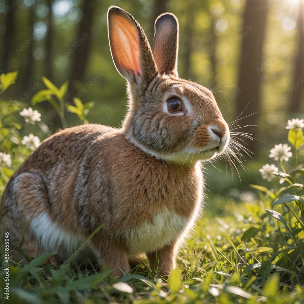 Fototapeta premium Curious Rabbit in Grass with Spring Leaves Cinematic Film Still