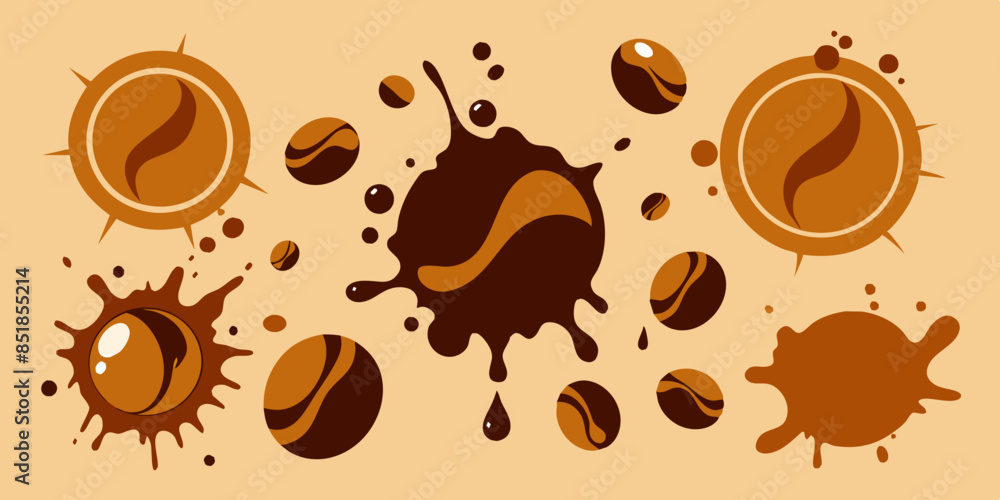 Obraz premium Several stylized coffee beans and splashes of coffee can be seen against a beige background, capturing the dynamic and liquid nature of the spilled liquid.Whole and split coffee beans are sprinkled.AI