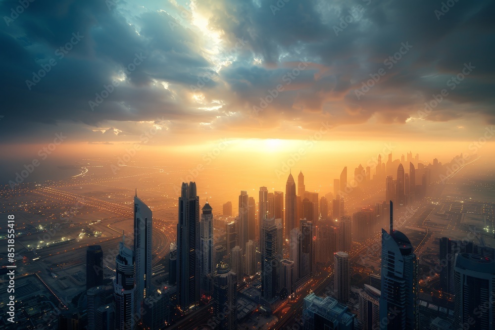 Fototapeta premium A stunning aerial view of a modern cityscape at sunrise with dramatic clouds, showcasing towering skyscrapers and urban landscape architecture.