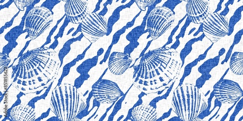 Azure blue white shell motif with linen seamless batik border background. Modern coastal beach cottage rustic shell block print home decor pattern design in sealife beach banner style. 