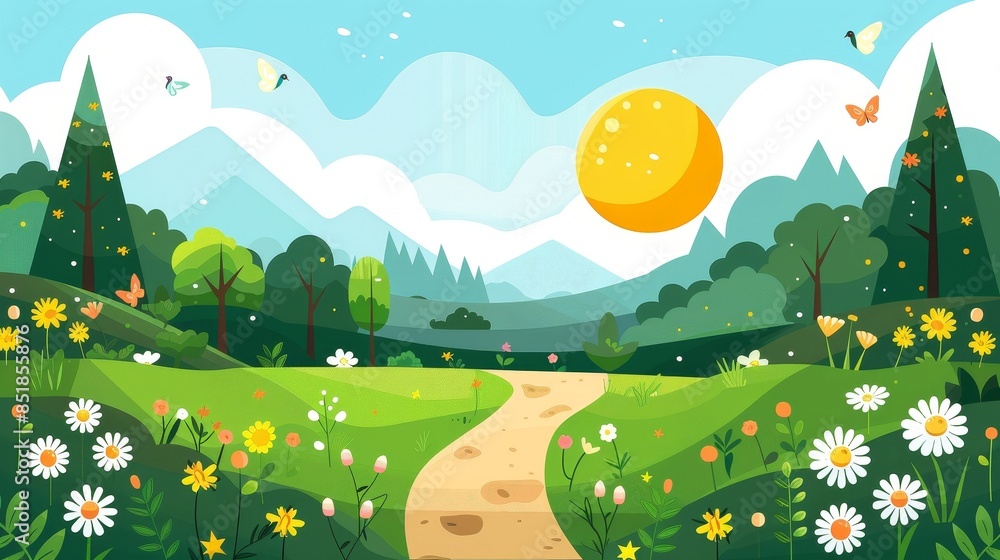 Fototapeta premium Grass spring sun daytime flat design side view hiking trail theme water color vivid