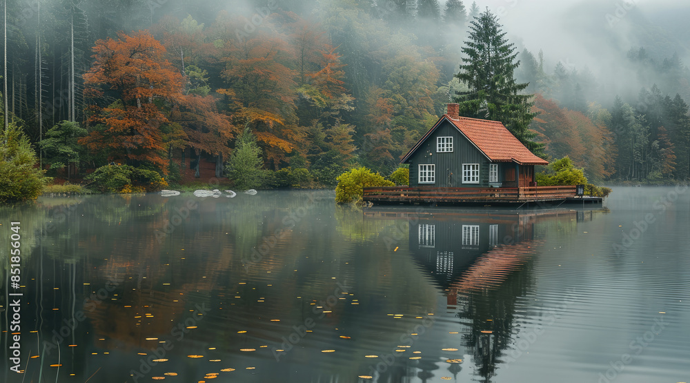 Fototapeta premium A cottage with lake in the forest overcast. Generative AI.