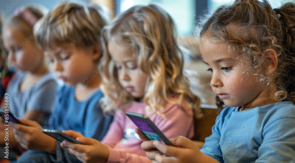 Group of kids using smartphones during lesson in school. Generative AI. Group of kids using smartphones during lesson in school. Generative AI.