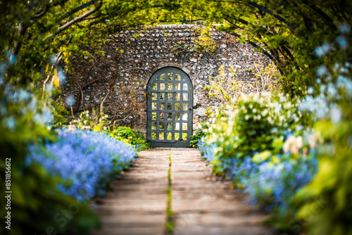 Fototapeta Naklejka Na Ścianę i Meble -  Tunnel of trees and flowers in front of garden gate in old mansion, Preston Manor Garden, Brighton, East Sussex, UK