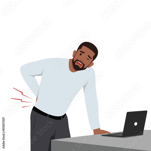 Young man suffering from back pain. Flat vector illustration isolated on white background