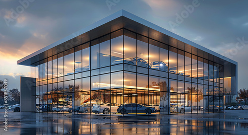 A modern car showroom exterior with cars parked in front. The building has large glass windows and doors, creating an open feeling. It is illuminated with LED lighting on the walls. Generative AI.