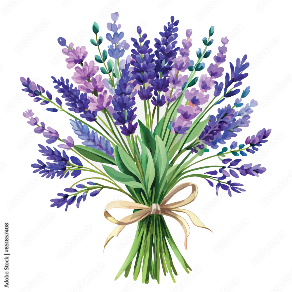 A bouquet of lavender flowers with a brown ribbon tied around it. The flowers are purple and white, and the ribbon adds a touch of elegance to the arrangement