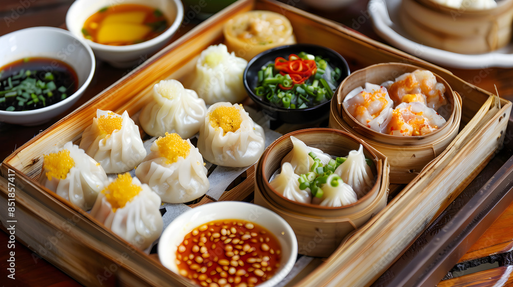 Colorful array of traditional dim sum dishes on a tray, with small bowls of dipping sauces. Colorful array of traditional dim sum dishes on a tray, with small bowls of dipping sauces.
