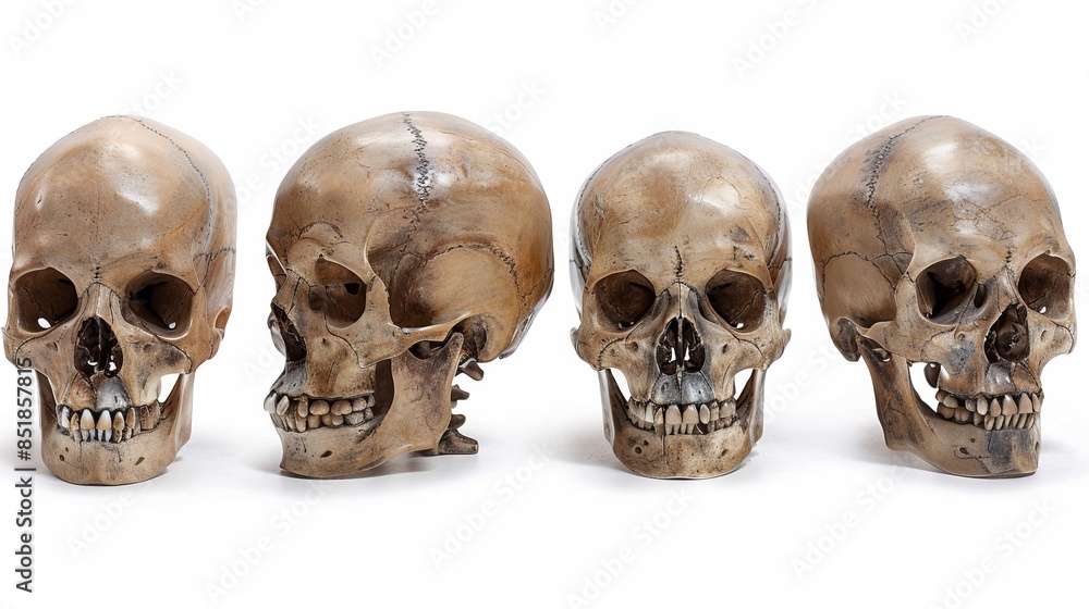 Realistic skulls lined in a row showing various angles and details. This image is perfect for educational purposes and Halloween themed designs. The style is detailed and eerie. AI Realistic skulls lined in a row showing various angles and details. This image is perfect for educational purposes and Halloween themed designs. The style is detailed and eerie. AI