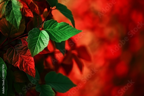 Lush green and red leaves in the foreground with a soft focus fiery red background for contrast