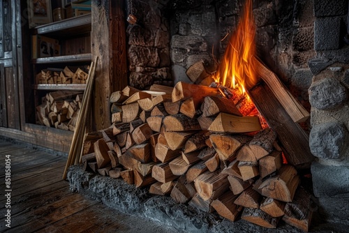 A stack of wood sits beside a crackling fire, perfect for cozying up on a cold winter night or adding warmth to an outdoor gathering