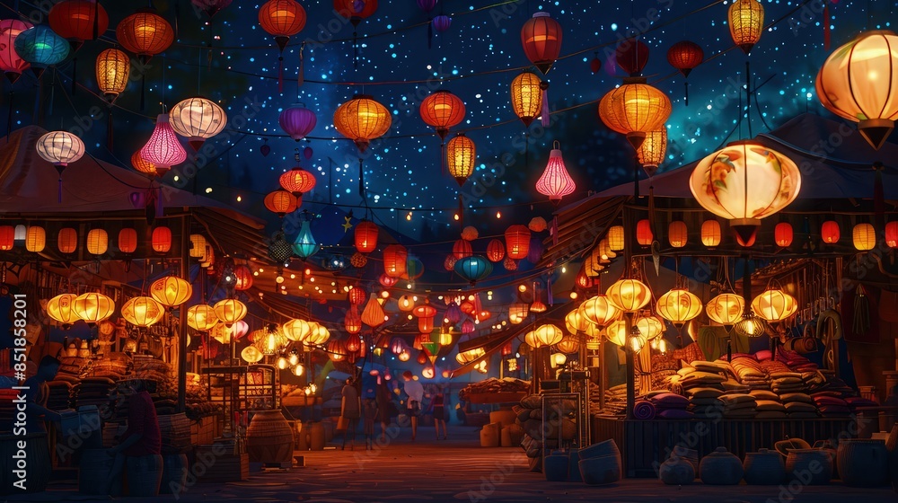 A vibrant scene at a night market where colorful lanterns hang above bustling stalls offering handmade crafts, the entire scene bathed under the serene light of countless stars. A vibrant scene at a night market where colorful lanterns hang above bustling stalls offering handmade crafts, the entire scene bathed under the serene light of countless stars.