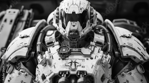 Future combat, space marine innovations, front view, showing cuttingedge gear, futuristic tone, black and white