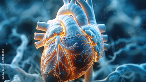 Vivid graphic representation of heart health, dynamic visuals depicting cardiovascular system, bold colors, clear arteries and strong heartbeat. 3d rendering. Generative AI.