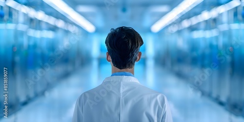 Pharmaceutical Expert in Lab Coat Analyzing Production Data in Sterile Manufacturing Facility. Concept Pharmaceutical Research, Lab Coat Analysis, Production Data, Sterile Manufacturing photo