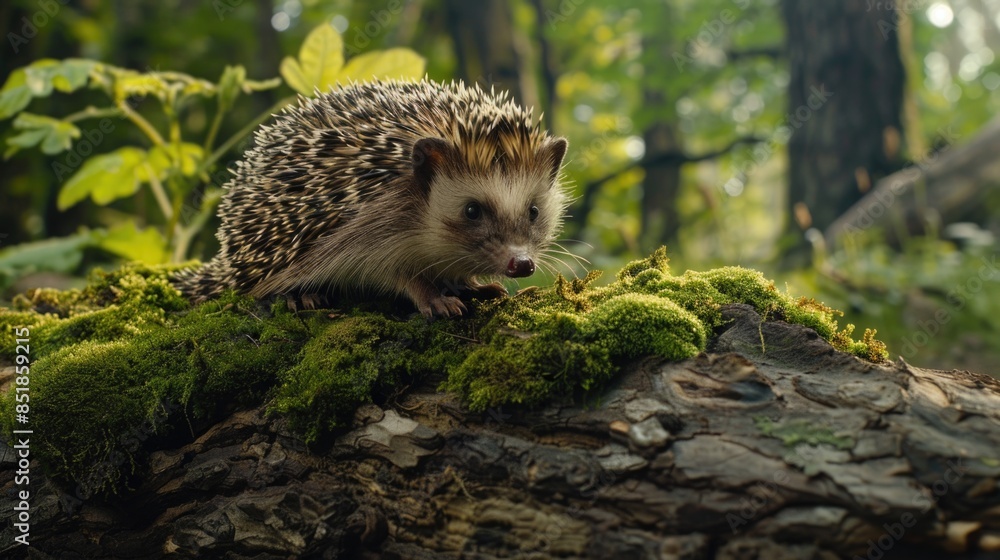 Naklejka premium A small hedge sitting atop a moss-covered log, surrounded by nature