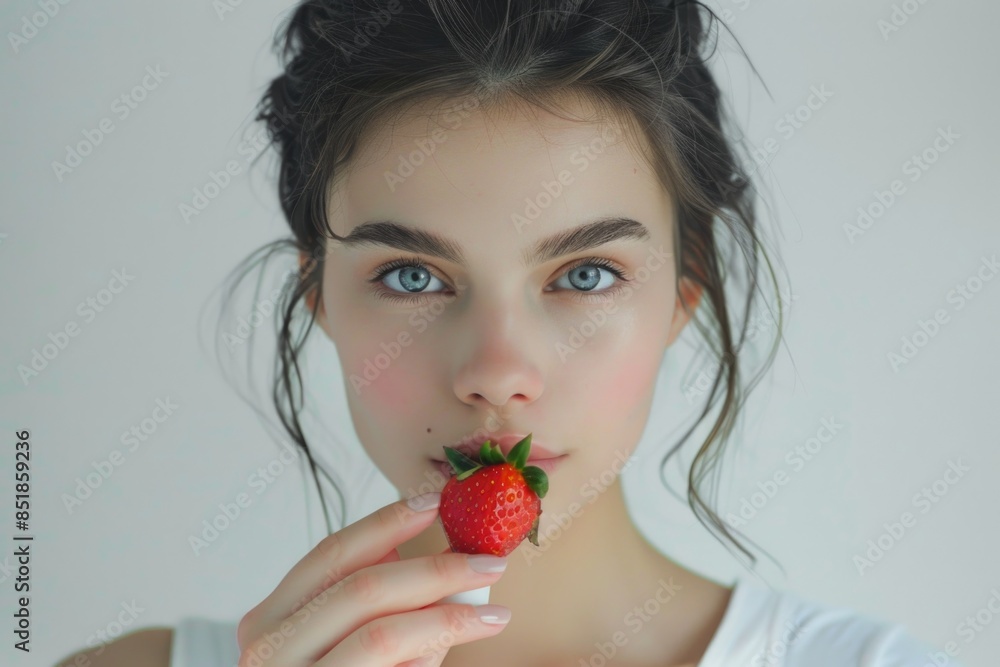 A woman holds a strawberry in front of her face, making a playful gesture A woman holds a strawberry in front of her face, making a playful gesture