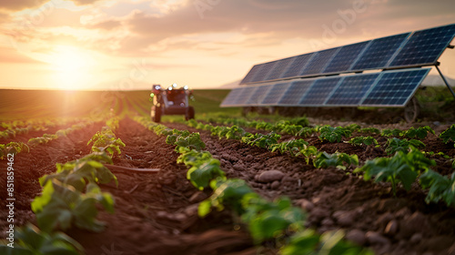 Solar powered agricultural robot industriously operating in the field. This represents the intersection of sustainability, technology, and agriculture.
 photo