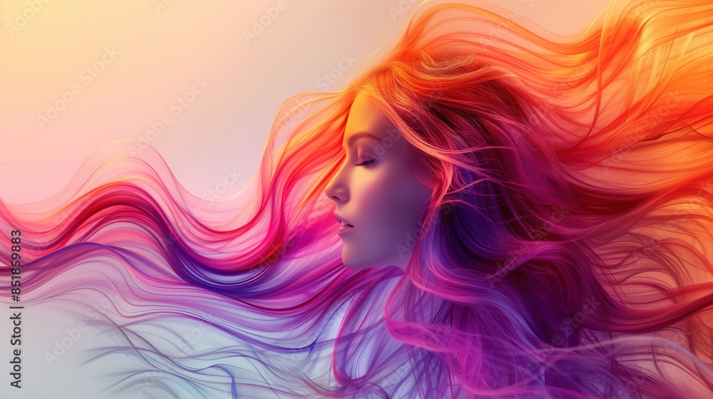 Artistic portrait of a woman with vibrant flowing hair in reds, oranges, and purples, blending into a dreamy gradient background. Artistic portrait of a woman with vibrant flowing hair in reds, oranges, and purples, blending into a dreamy gradient background.