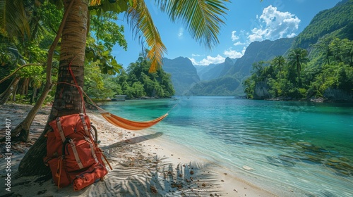 A compact backpack rests against a hammock strung between palm trees, overlooking a turquoise lake and distant mountains. This scene epitomizes the freedom of a digital nomad, who can work remotely photo