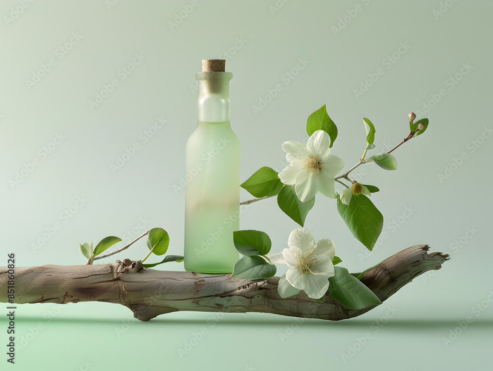 Serene Elegance - High Resolution Product Photography of Bottle on Rustic Branch with Gradient Background and Floral Decor | 8k Still Life Serene Elegance - High Resolution Product Photography of Bottle on Rustic Branch with Gradient Background and Floral Decor | 8k Still Life