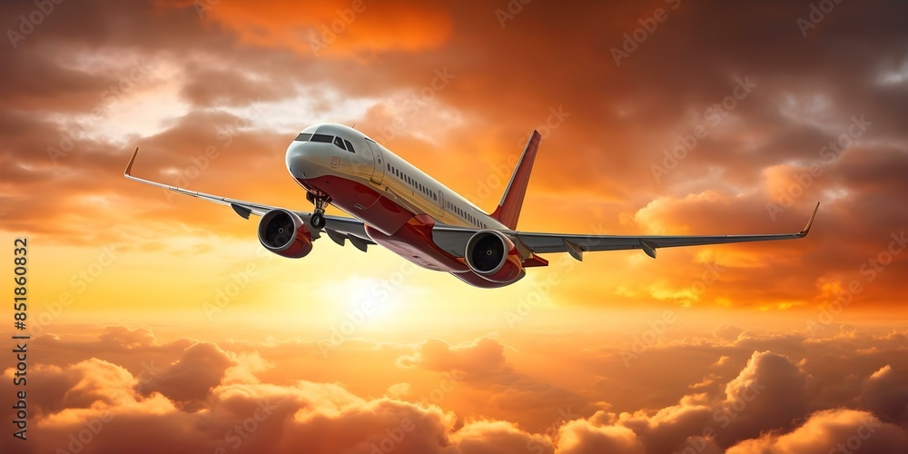 Airplane soaring through cloudy sunset sky with sun peeking through. Concept Nature, Sunsets, Aviation, Weather, Cloudscape Airplane soaring through cloudy sunset sky with sun peeking through. Concept Nature, Sunsets, Aviation, Weather, Cloudscape