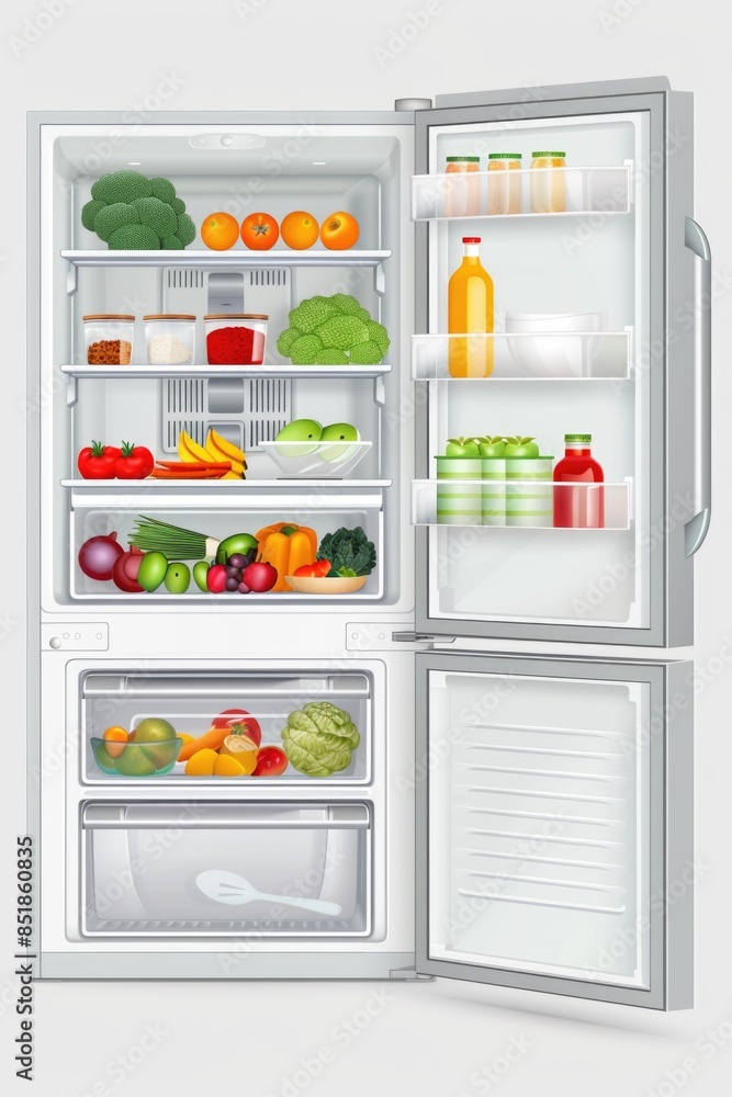 A fully stocked refrigerator filled with various food and drink items, perfect for use in editorial or commercial contexts A fully stocked refrigerator filled with various food and drink items, perfect for use in editorial or commercial contexts
