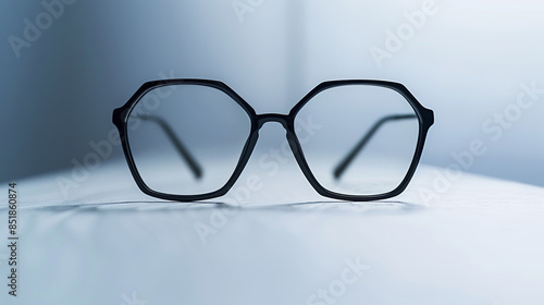 Sleek black geometric glasses positioned centrally on a white surface.