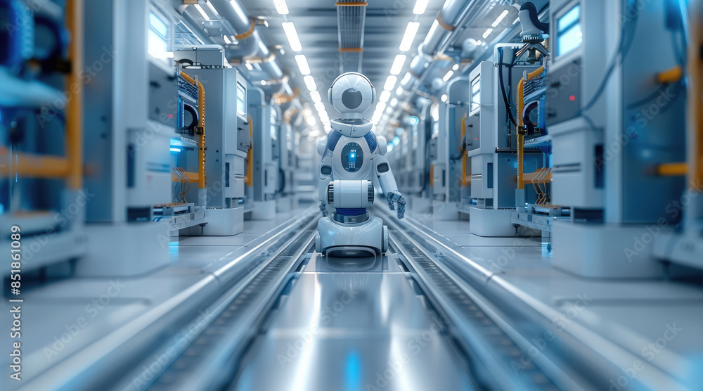 Obraz premium Automation factory concept, Beautiful mechanical structures, The main colors are white and blue. It has a clean and cool feeling. Generative AI.