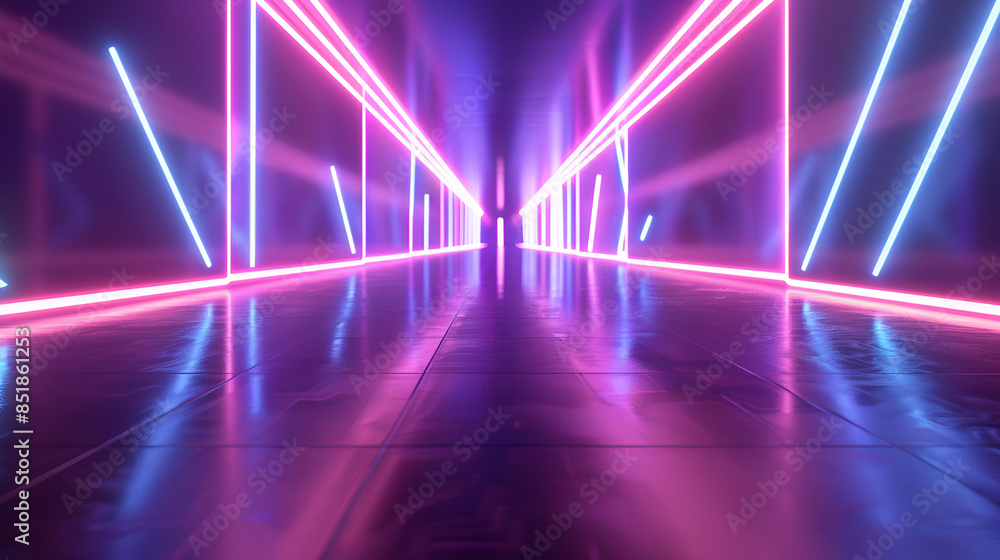 Abstract black background with pink and blue neon glowing lines that extend into the distance, moving through a tunnel to the right. 3d render motion speed of light and hypertunnel. Moving away
Abstract black background with pink and blue neon glowing lines that extend into the distance, moving through a tunnel to the right. 3d render motion speed of light and hypertunnel. Moving away