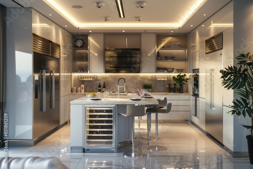A modern kitchen with a central island and built-in wine cooler