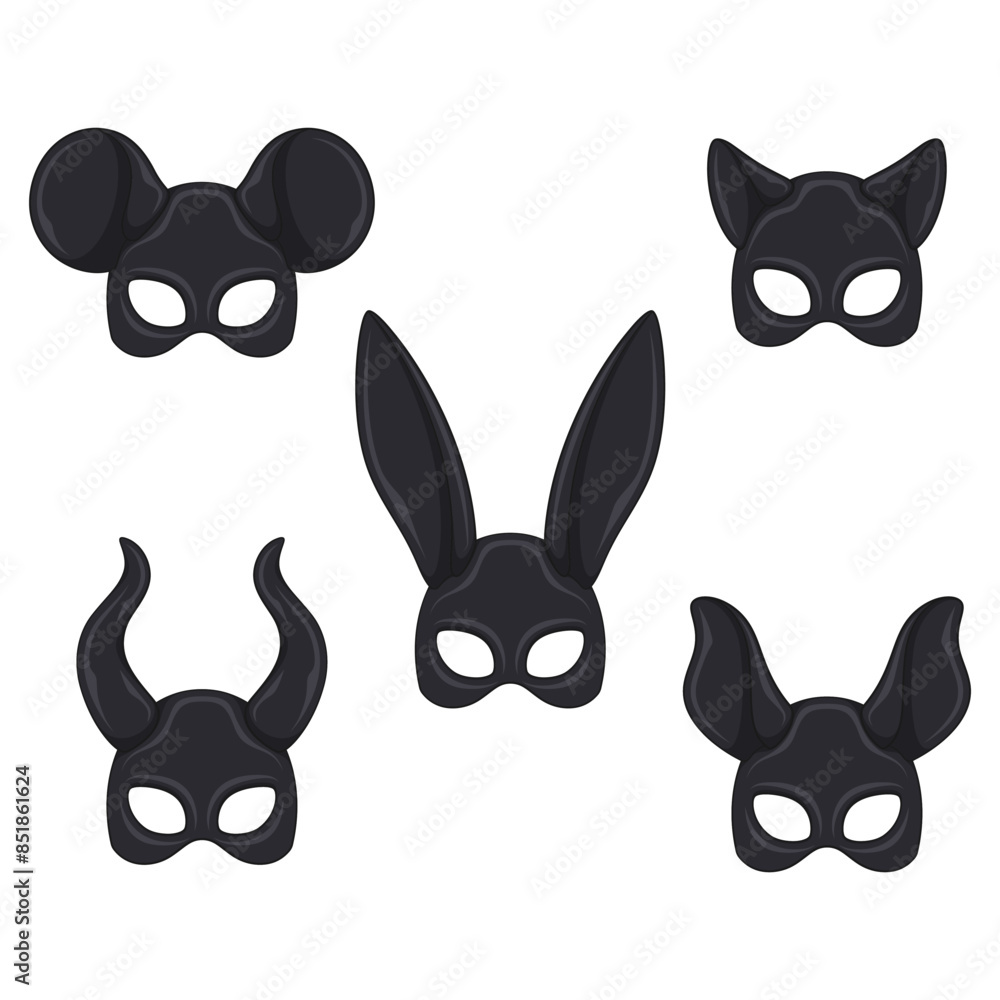 Fototapeta premium Set of color illustrations with black masks rabbit, cat, mouse, horns ears. Isolated vector objects on white background. 