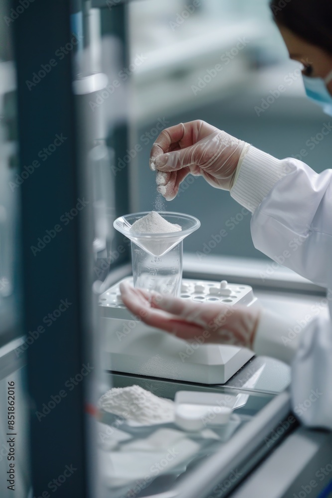 A scientist in a lab coat and gloves holds a beaker filled with liquid, suitable for use as a scientific or medical illustration A scientist in a lab coat and gloves holds a beaker filled with liquid, suitable for use as a scientific or medical illustration