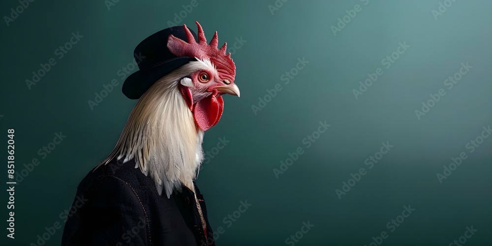 A vintage-style rooster dressed in human clothes against a dark green smoky background. Concept Animals in Clothes, Vintage Fashion, Rooster Photoshoot, Dark Green Background, Smoky Effect