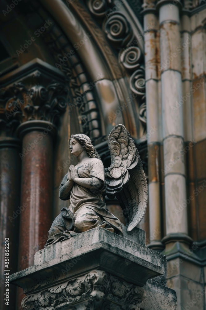 A beautiful depiction of an angel perched on the exterior wall of a building, perfect for use in religious or inspirational contexts A beautiful depiction of an angel perched on the exterior wall of a building, perfect for use in religious or inspirational contexts