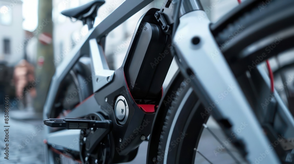 A closeup of a smart, foldable electric bike with hidden motors and a streamlined, lightweight frame A closeup of a smart, foldable electric bike with hidden motors and a streamlined, lightweight frame