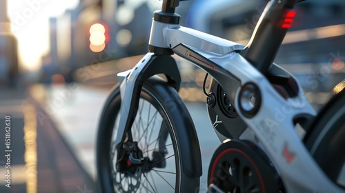 A closeup of a smart, foldable electric bike with hidden motors and a streamlined, lightweight frame