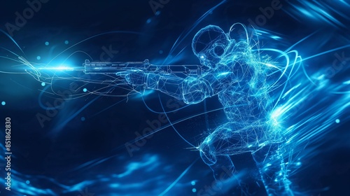 A neon-blue digital soldier, composed of wireframe lines, aims a futuristic weapon in a dynamic, glowing environment. photo