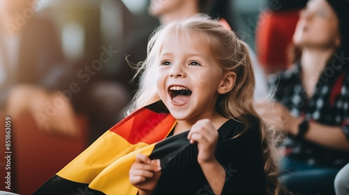 Little blond preschool girl watching soccer football cup. on public viewing. Girl with German flag on face