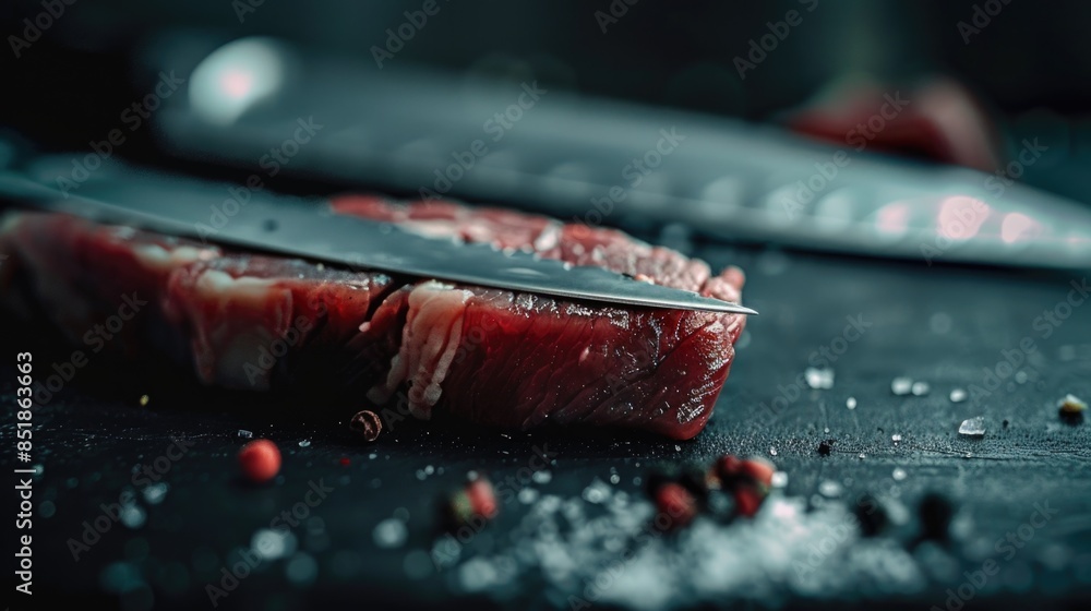 Close-up shot of a person cutting a piece of meat with a knife on a wooden board Close-up shot of a person cutting a piece of meat with a knife on a wooden board