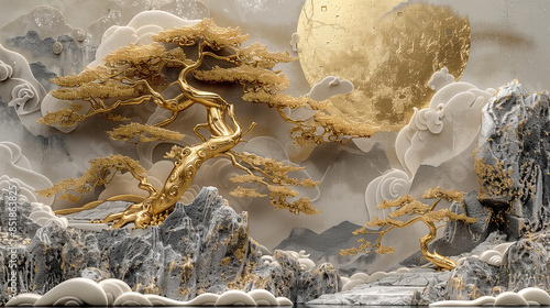 Volumetric stucco molding on a concrete wall with golden tree and Japanese landscape.